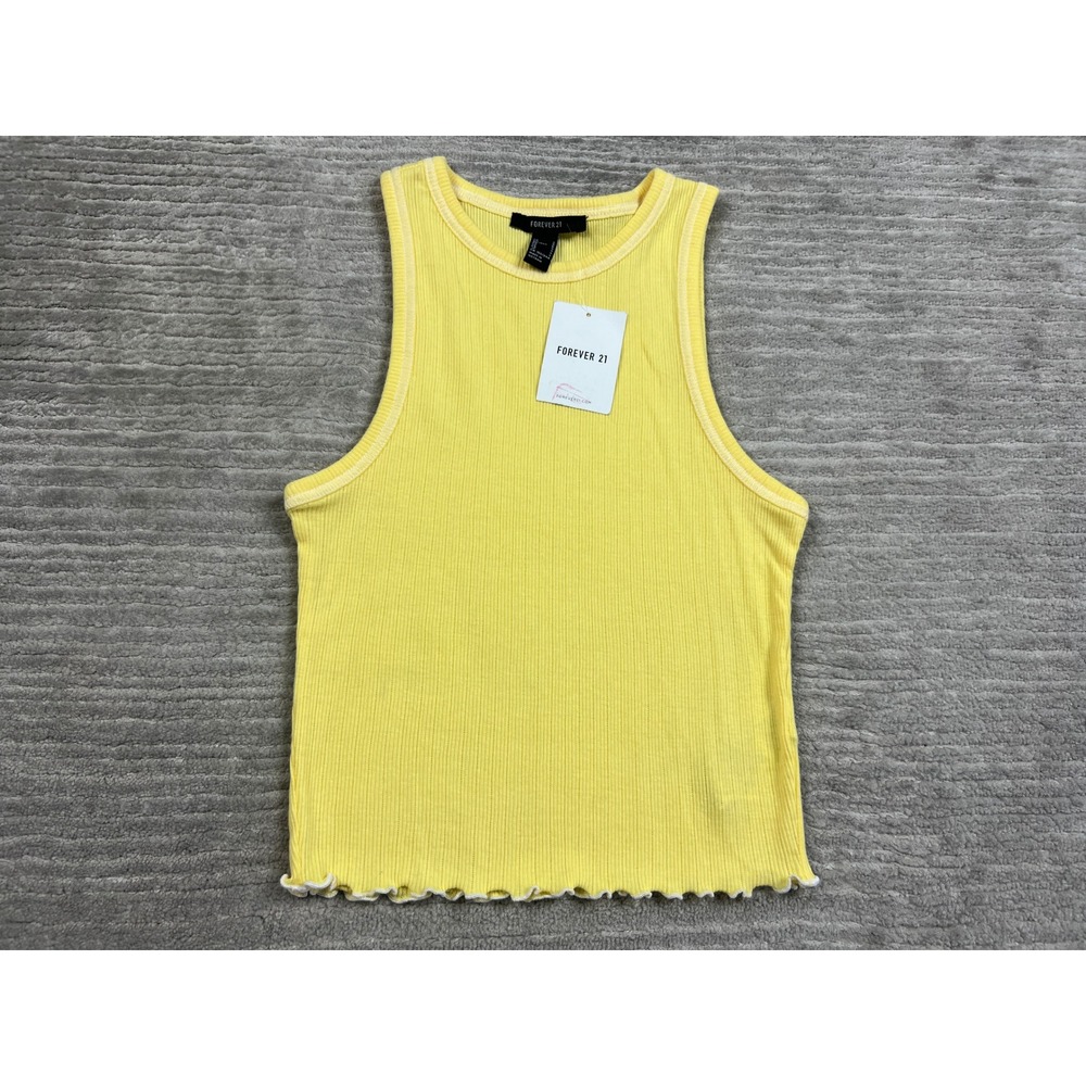 Forever 21 Tank Top Women Small Yellow Mimosa Ribbed Lettuce Hem Casual Basic